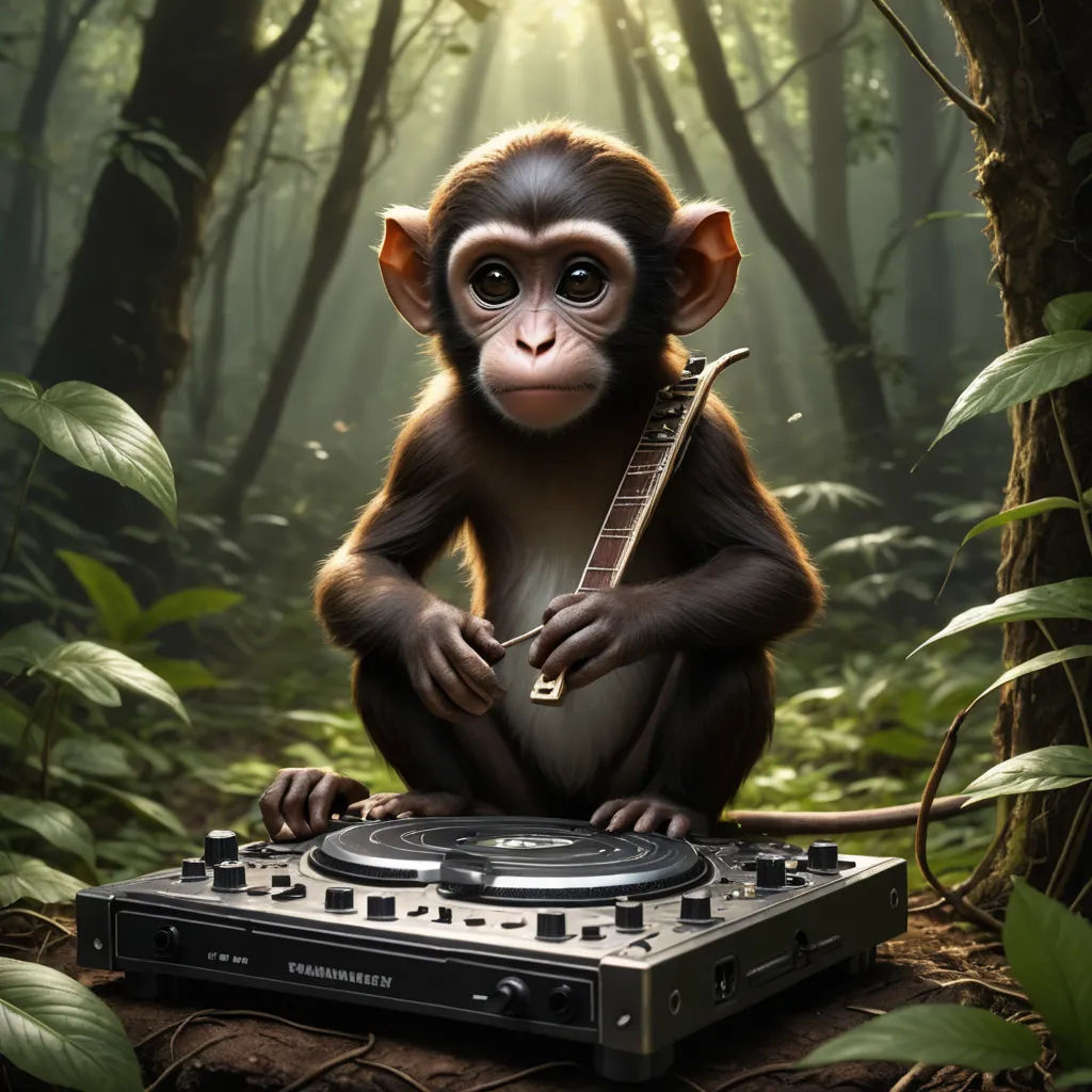 a monkey playing a guitar and playing a dj's turntable in the woods with a guitar in his hand, funk art, a computer rendering, Alex Petruk APe, cgstudio