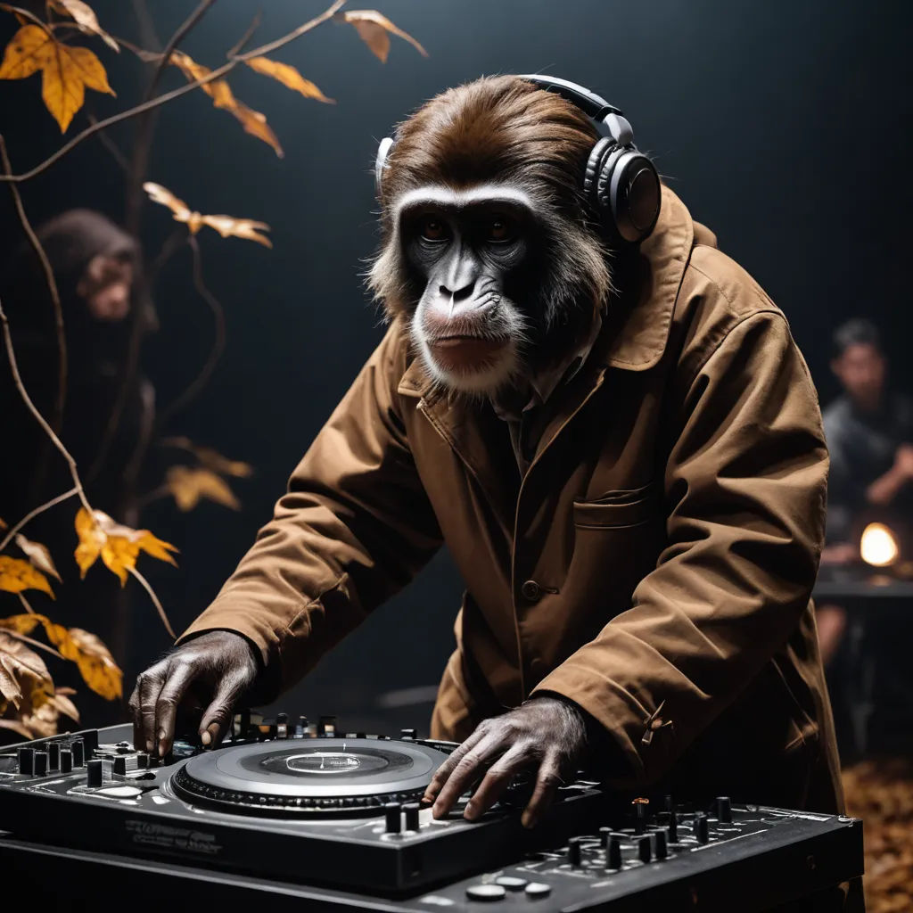 a monkey with headphones on playing a dj's turntable in front of a group of people, primitivism, a stock photo, Alex Petruk APe, promotional image