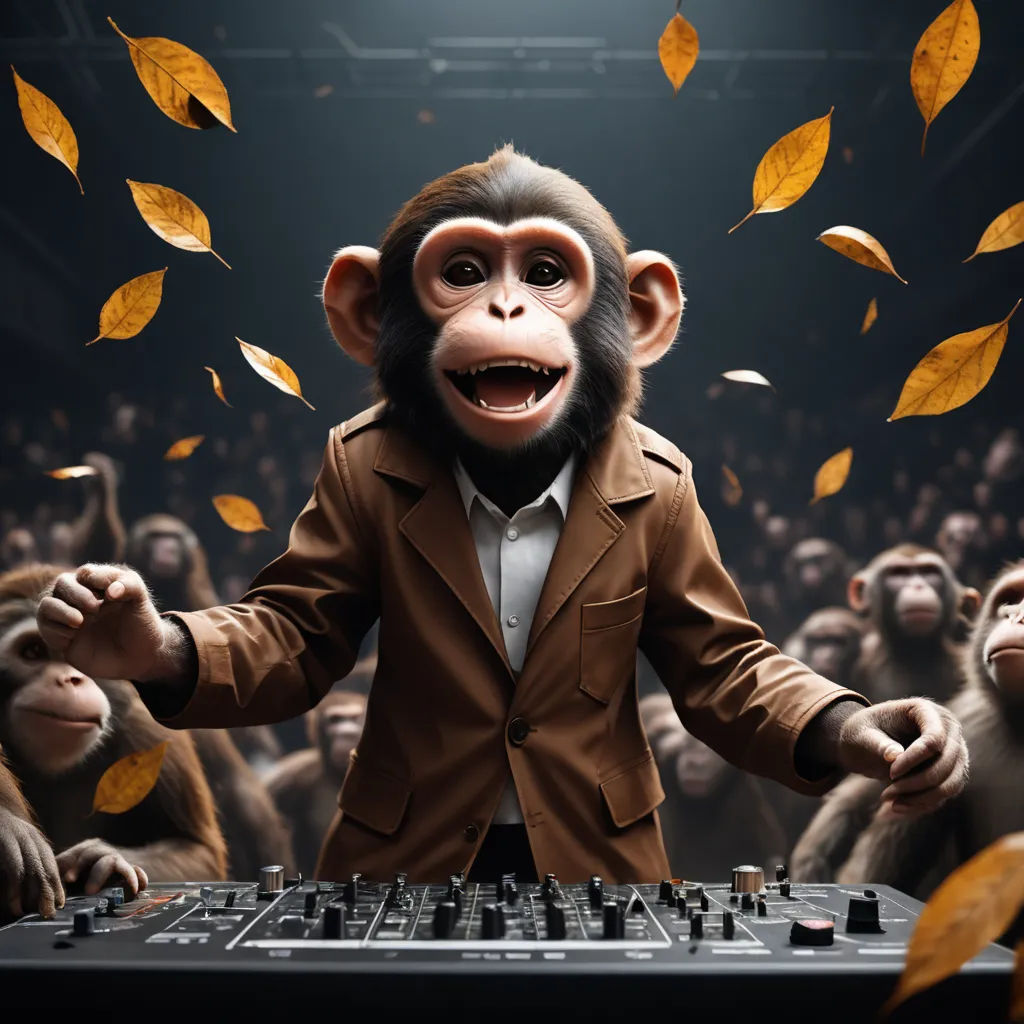 a monkey dressed in a suit and tie with a keyboard in front of a crowd of monkeys with their hands up, les automatistes, a 3D render, Chris LaBrooy, cgstudio