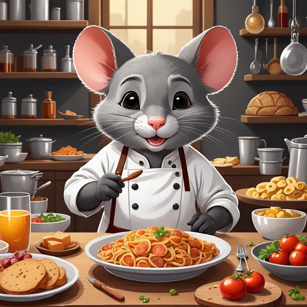 a mouse is standing in front of a plate of spaghetti and a glass of orange juice and a glass of orange juice, sots art, a storybook illustration, Alejandro Burdisio, game art