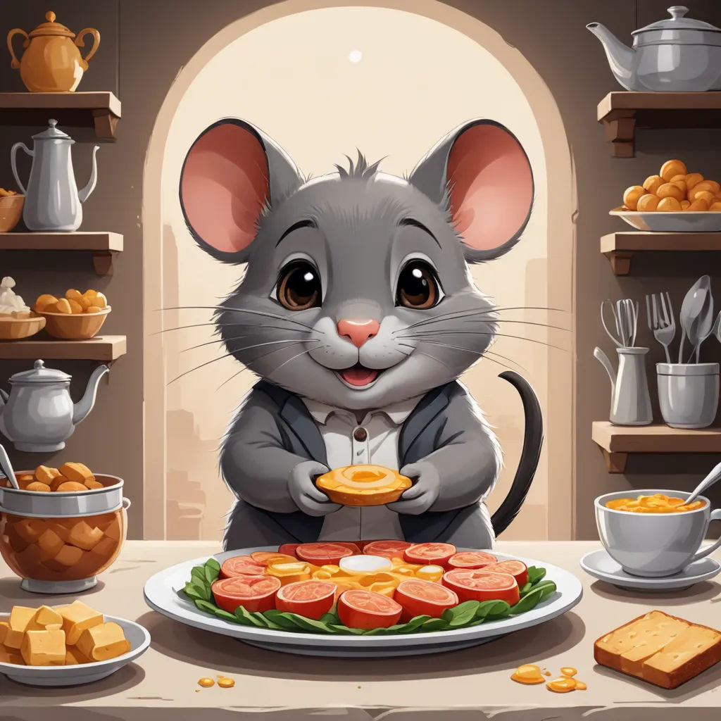 a mouse is sitting at a table with a plate of food and a cup of tea on it, and a teapot and a teapot on the table, sots art, a storybook illustration, Alejandro Burdisio, storybook illustration
