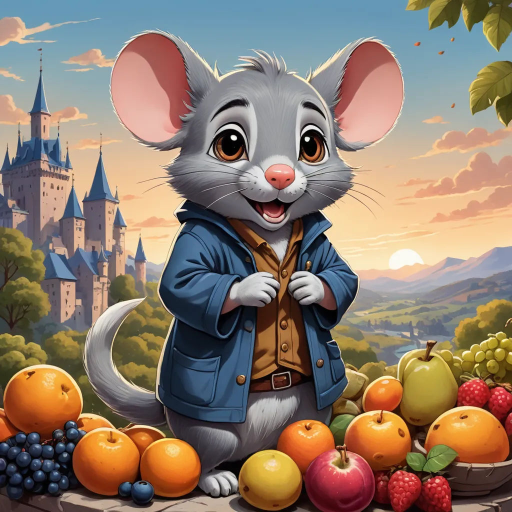 a mouse standing in front of a pile of fruit and a castle in the background with a sky background, sots art, a character portrait, Chris LaBrooy, kinkade