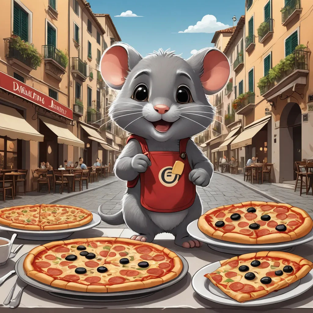 a mouse standing in front of a table with pizzas on it and a cup of coffee in front of it, furry art, a storybook illustration, Enrico Baj, storybook illustration