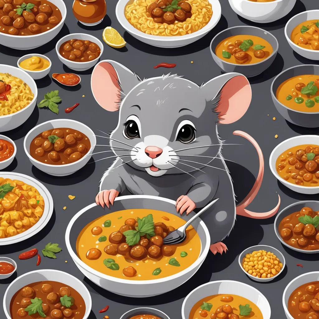 a mouse eating a bowl of soup surrounded by bowls of food and a spoon in it's hand, sots art, a storybook illustration, Chris LaBrooy, storybook illustration