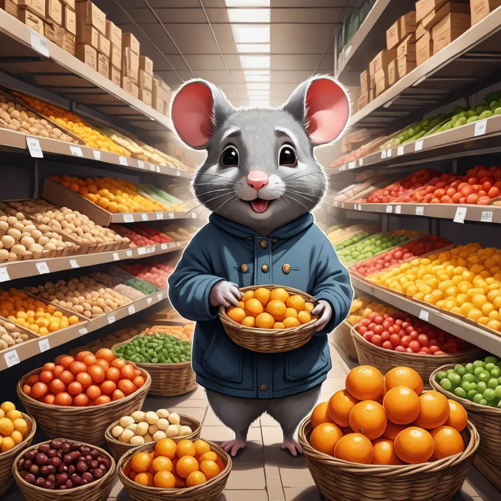 a mouse holding a basket of oranges in a grocery store aisle with other baskets of oranges and other fruits, furry art, a storybook illustration, Chris LaBrooy, highly detailed digital painting