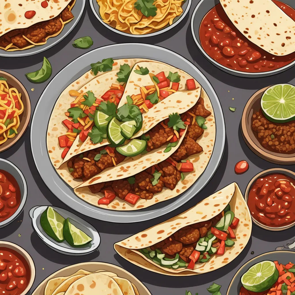 a painting of tacos and other food on a table with a plate of chips and salsa and a bowl of salsa, maximalism, a detailed painting, Chris LaBrooy, ultra realistic illustration