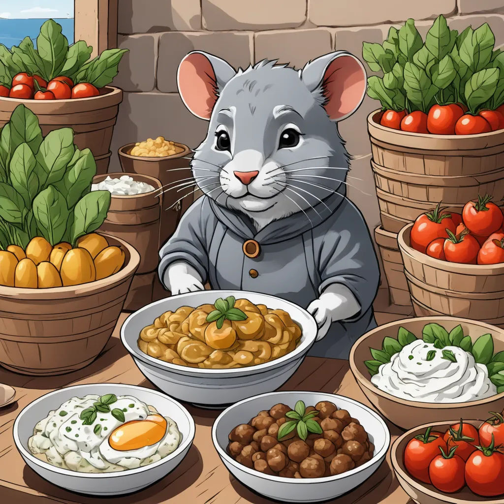 a cartoon mouse sitting at a table with many plates of food and a basket of tomatoes and other vegetables, sots art, a storybook illustration, Beatrix Potter, storybook illustration