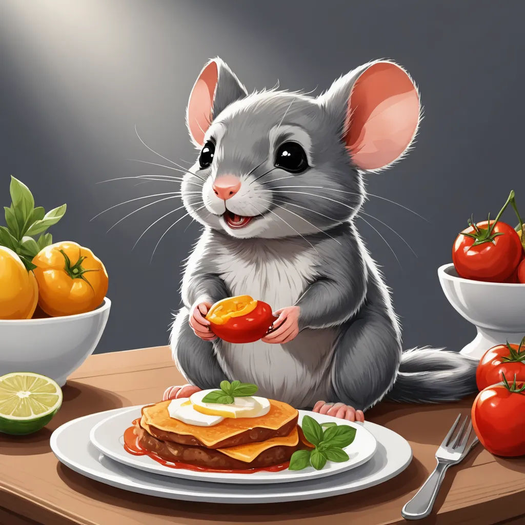 a mouse is eating a piece of fruit on a plate with a fork and knife on a table with a bowl of tomatoes and a plate of oranges, sots art, a storybook illustration, Aaron Jasinski, trending on art station