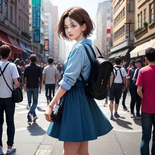 a woman in a blue dress is standing on a street corner with a backpack on her shoulder and a crowd of people walking around