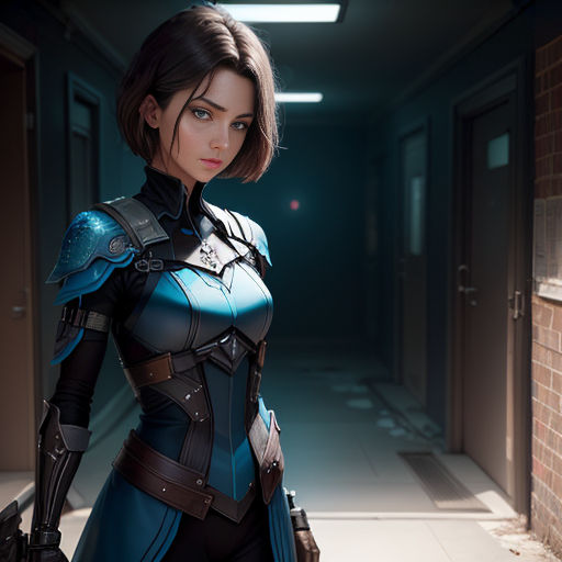 a woman in a futuristic suit standing in a hallway with a gun in her hand and a brick wall behind her