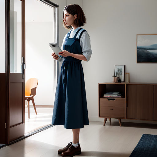 a woman in a blue dress is holding a tablet and looking out a window at the outside of the room