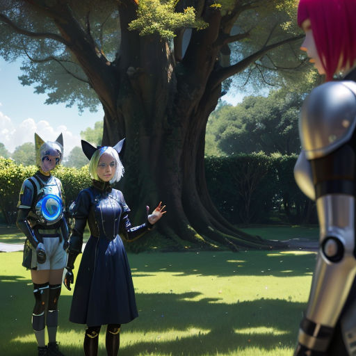 two people dressed in costumes standing in a field with a tree in the background and a robot in the foreground