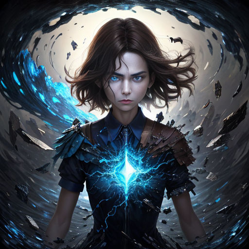 a woman with a blue eye and a black shirt holding a blue light in her hands, with a dark background