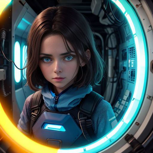 a woman in a sci - fi fi fi suit looking out of a tunnel with a neon light around her