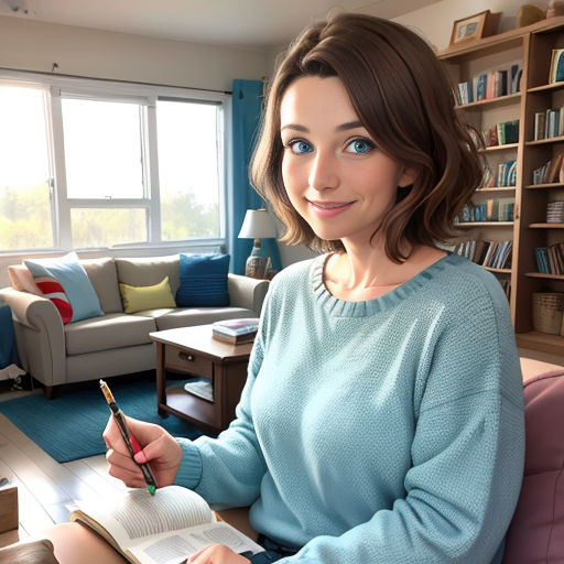 a woman sitting on a couch holding a pen and a book in her hand and a book in her lap