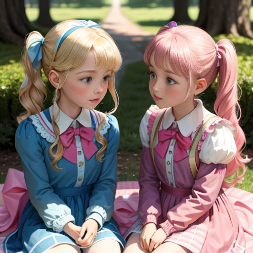 two little girls sitting on a blanket in the grass together, one is wearing a pink dress and the other is a blue dress