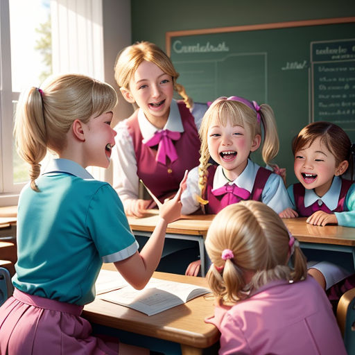 a group of children sitting at a desk in a classroom with teacher and teacher in the background smiling at each other