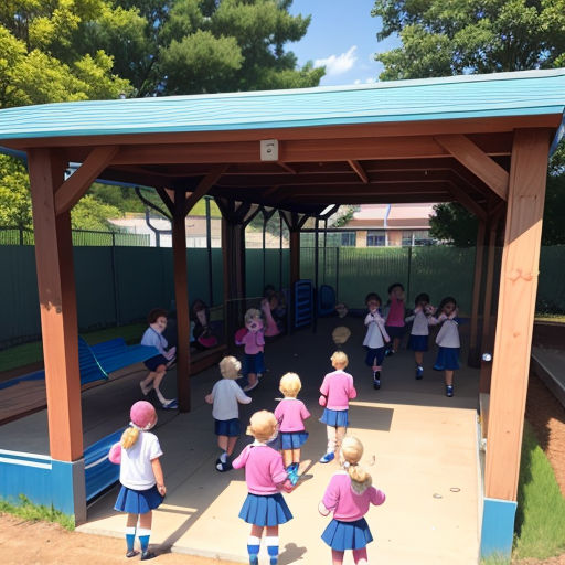 a group of children playing tennis in a park area with a blue roof and a blue tennis court and a blue fence