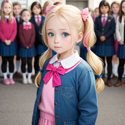 a group of dolls of girls and boys in school uniforms standing in front of a group of dolls of girls