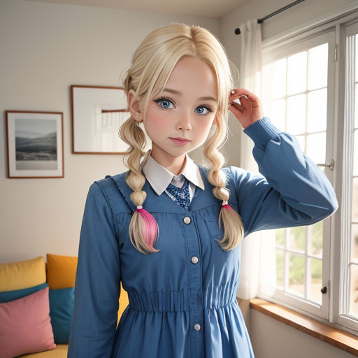 a girl with blonde hair wearing a blue dress and a pink pony tail braid standing in front of a window