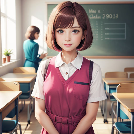 a girl in a school uniform standing in front of a chalkboard with a teacher in the background in a classroom