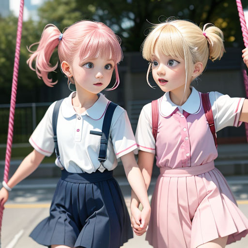 two young girls are holding hands and walking on a rope together in school uniforms and pink hair, and holding hands
