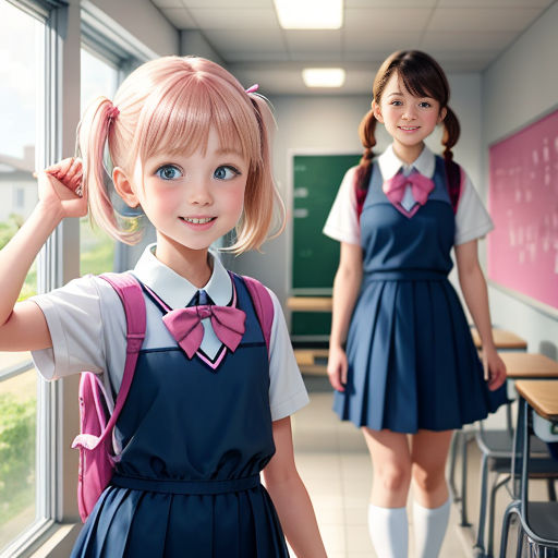 two young girls in school uniforms standing in a hallway with a chalkboard behind them and a chalkboard behind them