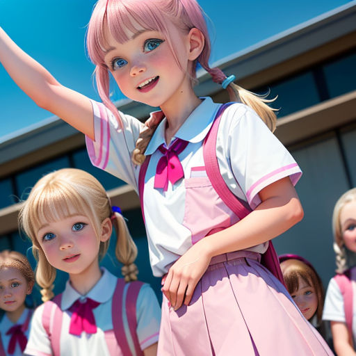 a group of young girls standing next to each other in front of a building with a girl in a pink dress