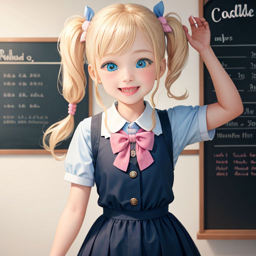 a little girl in a dress and bow tie standing in front of a chalkboard with writing on it