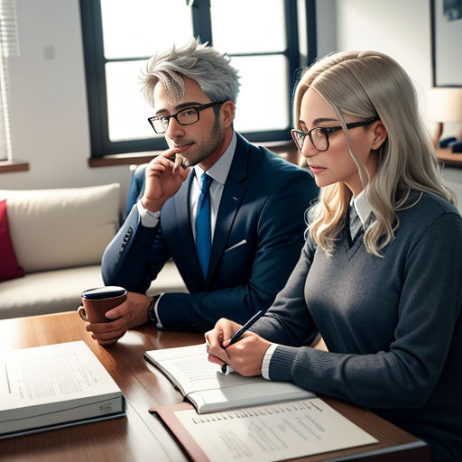 a man and woman sitting at a table looking at a cell phone and paperwork on a clipboard with a pen in their hand