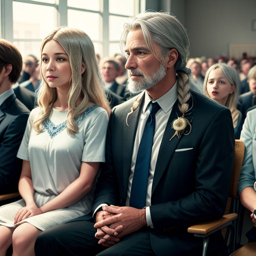 a man and woman sitting next to each other in a room full of people, with a man in a suit and tie