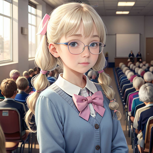 a girl with glasses and a bow tie standing in front of a class room full of people wearing blue sweaters