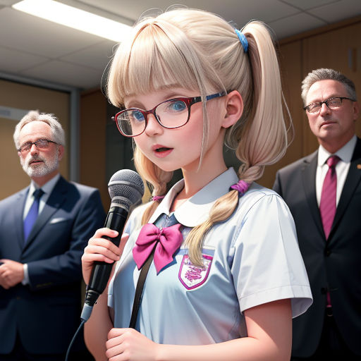 a young girl wearing glasses and a bow tie holding a microphone in front of a group of people in suits