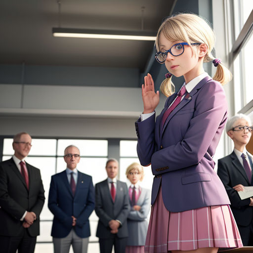 a woman in a business suit standing in front of a group of people in suits and ties, with her hand up to her face