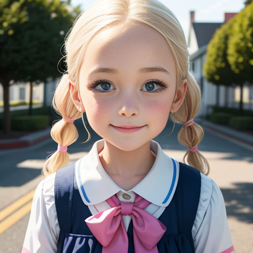 a little girl with blonde hair and a pink bow in her hair wearing a school uniform and a ponytail