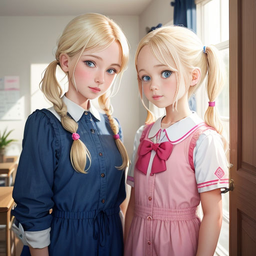 two young girls standing next to each other in a room with a door open and a window behind them