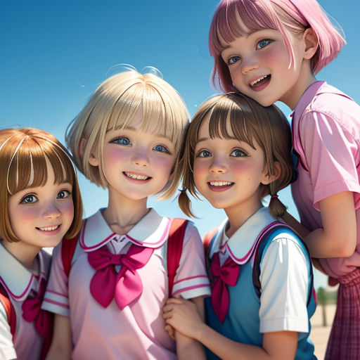 a group of young girls standing next to each other on a beach with a blue sky in the background