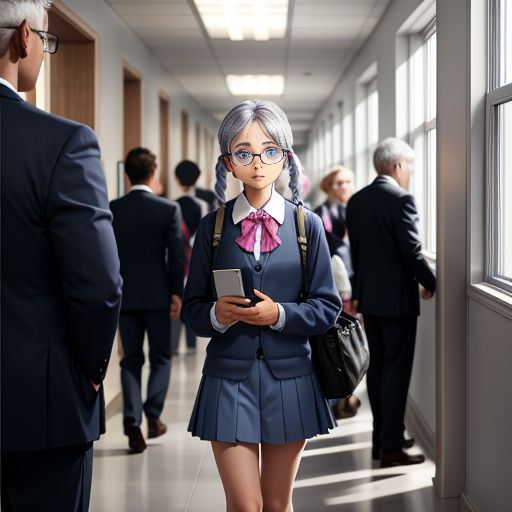 a woman in a school uniform is standing in a hallway with a tablet in her hand and a man in a suit is looking at her
