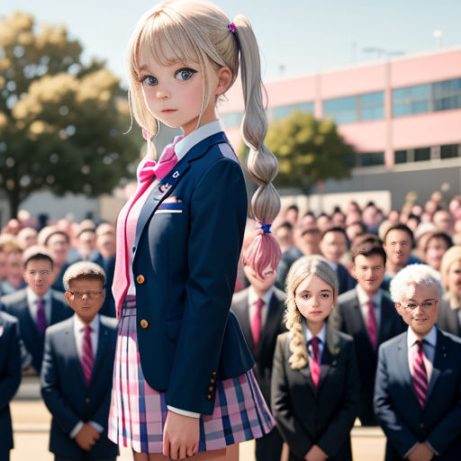 a girl in a school uniform standing in front of a group of people in suits and ties, with a ponytail in her hair