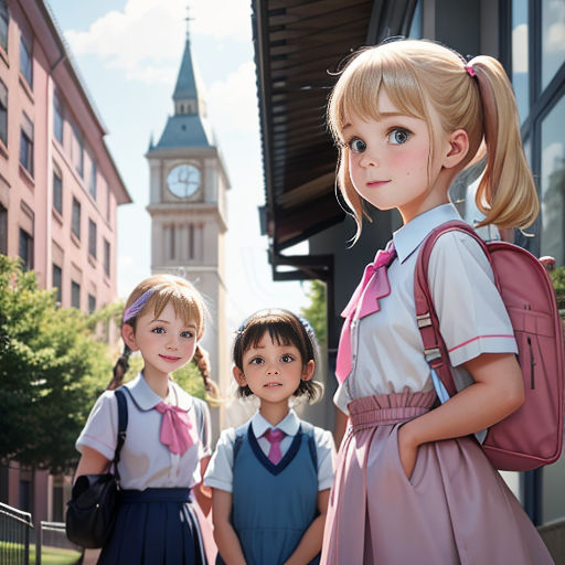 three children are standing in front of a building with a clock tower in the background and a pink backpack on their back
