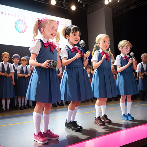 a group of children singing on stage with microphones in front of them and a crowd of people watching