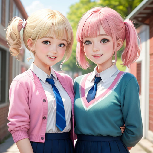 two anime girls are standing next to each other in front of a building and trees, one is wearing a pink sweater and the other is wearing a blue skirt