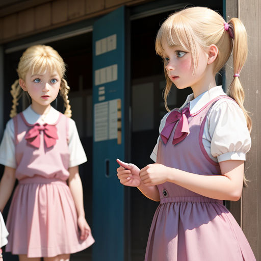 a group of young girls standing next to each other in front of a building with doors and windows on both sides of them