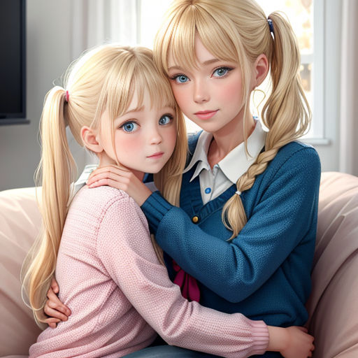 two young girls sitting on a couch hugging each other with their arms around each other, both of them are blonde hair