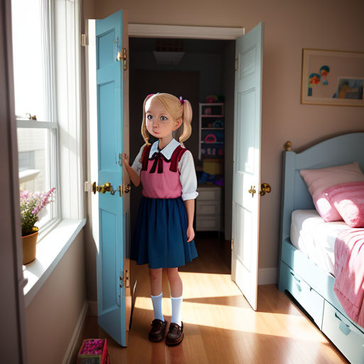 a doll is standing in a room with a blue door and a pink bed and a blue door with a pink pillow