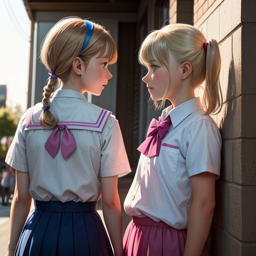 two young girls standing next to each other near a building with a brick wall and a building behind them