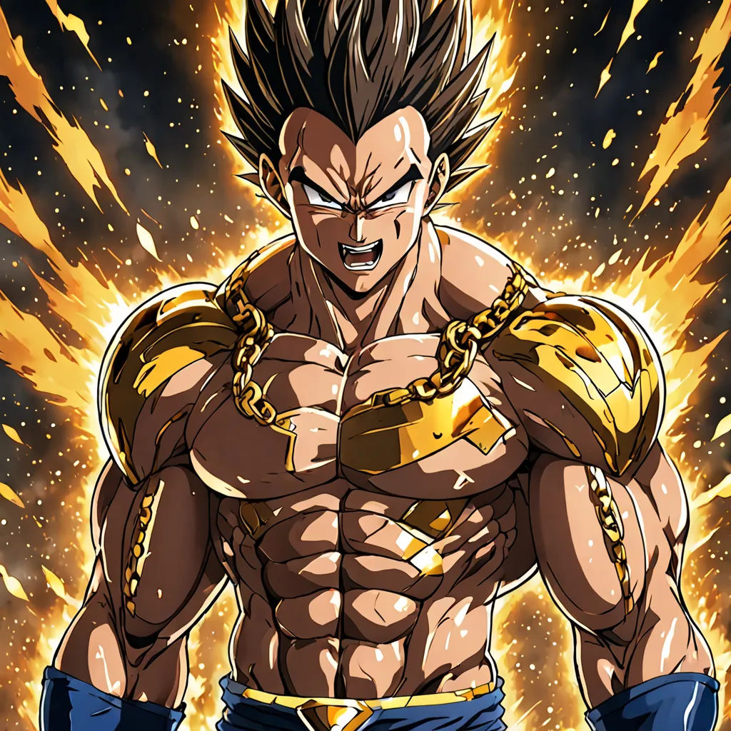 a man with a chain around his neck and a chain around his neck, with a large, muscular body and a chain around his waist, sots art, poster art, Akira Toriyama, official art