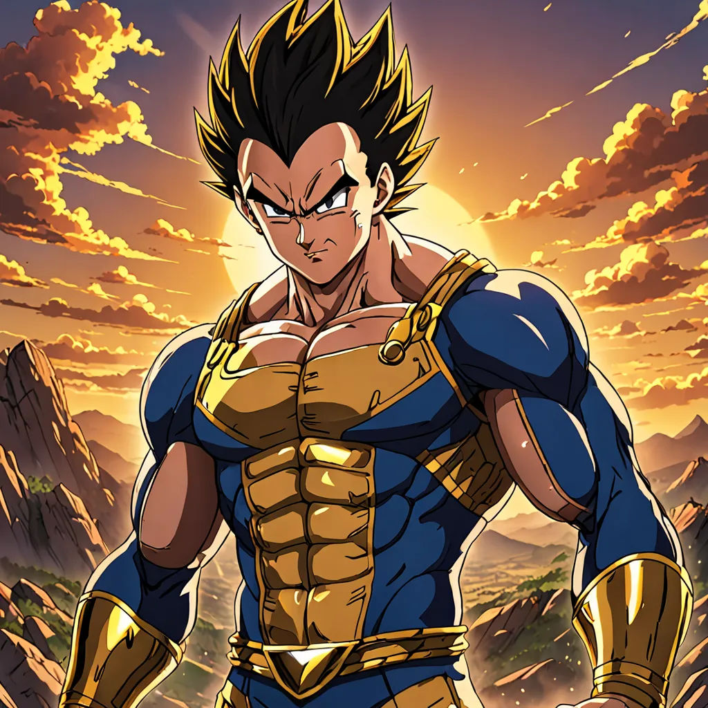 a cartoon character with a golden outfit and a sword in his hand, standing in front of a sunset, sots art, poster art, Akira Toriyama, official art