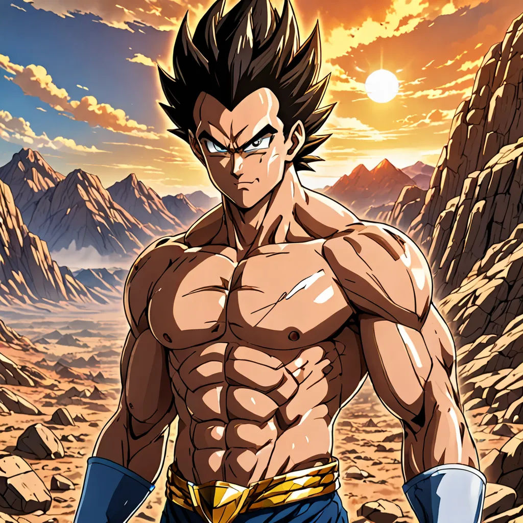 a man with a very big chest standing in the desert with his hands on his hips and his shirt off, superflat, poster art, Akira Toriyama, official art