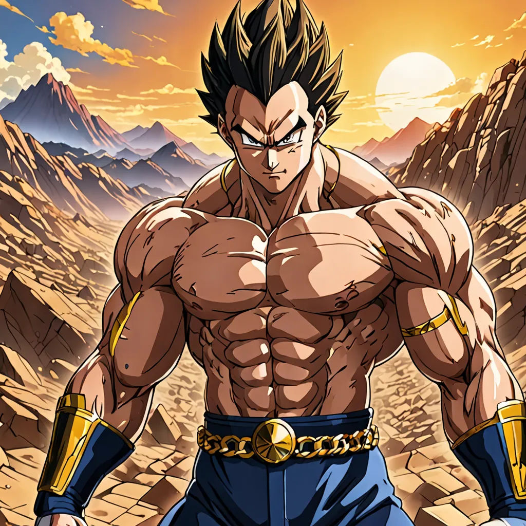 a man with a big chest and a chain around his waist, standing in front of a mountain range, superflat, poster art, Akira Toriyama, official art